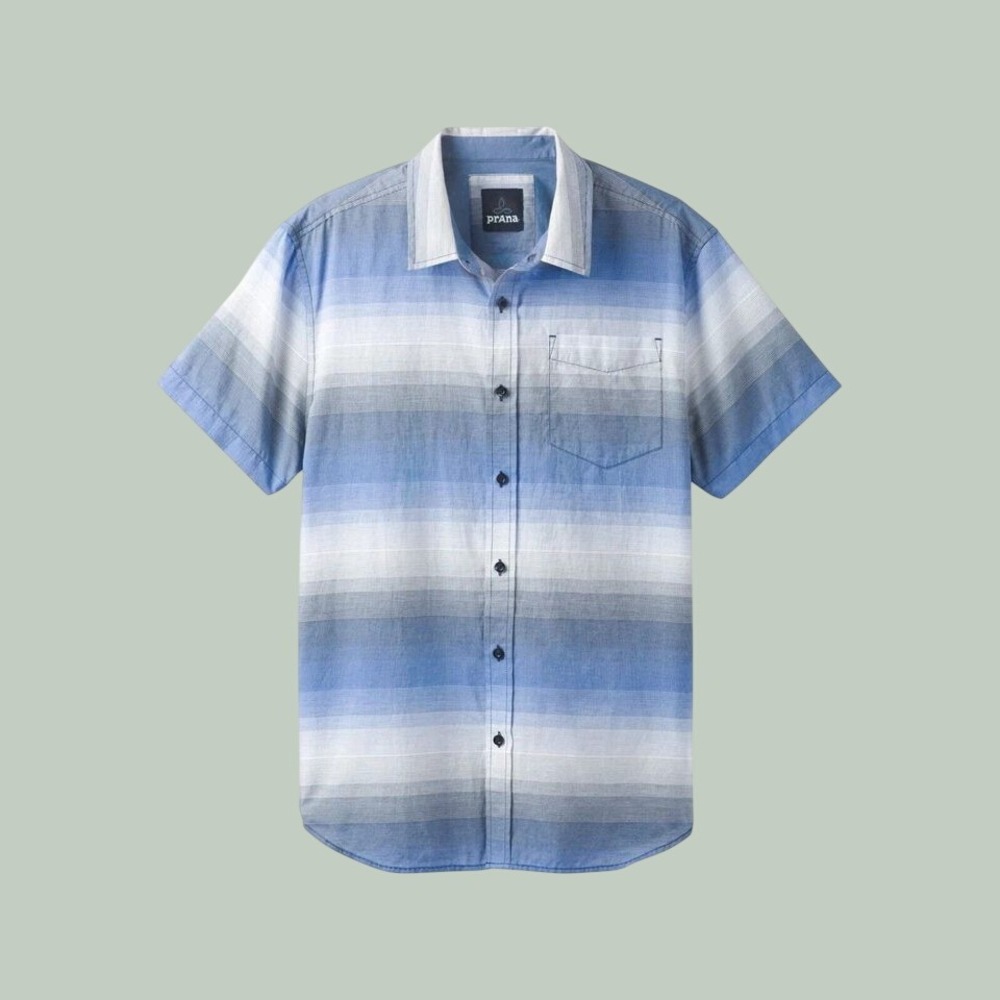 Prana Tamrack Stripe Organic Cotton Short Sleeve Blue Stripe Men's Size M